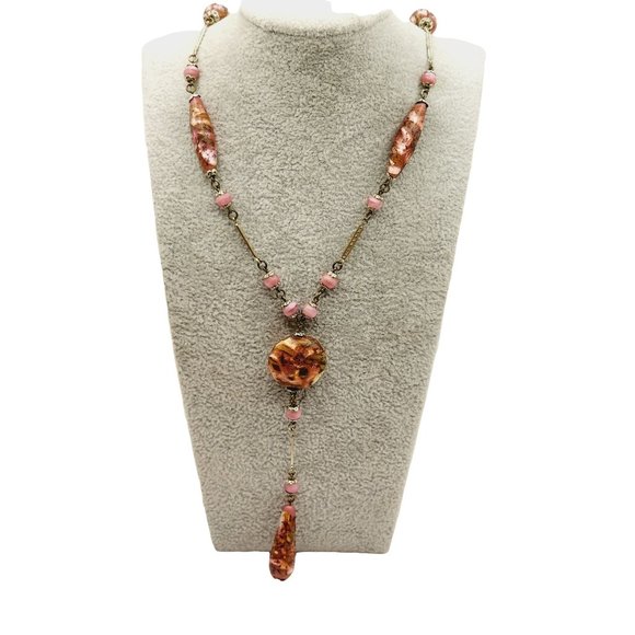 Antique Art Deco Czech Foil Glass Sautoir Necklace (A476)
